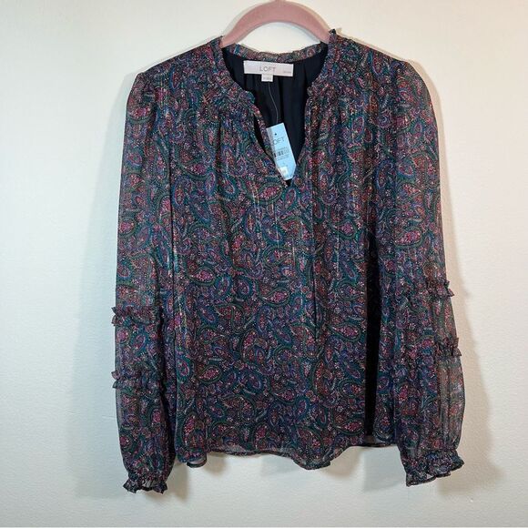 ✨ Loft Women’s Black Pink Paisley Long Sleeve Blouse LP NWT - Picture 1 of 11